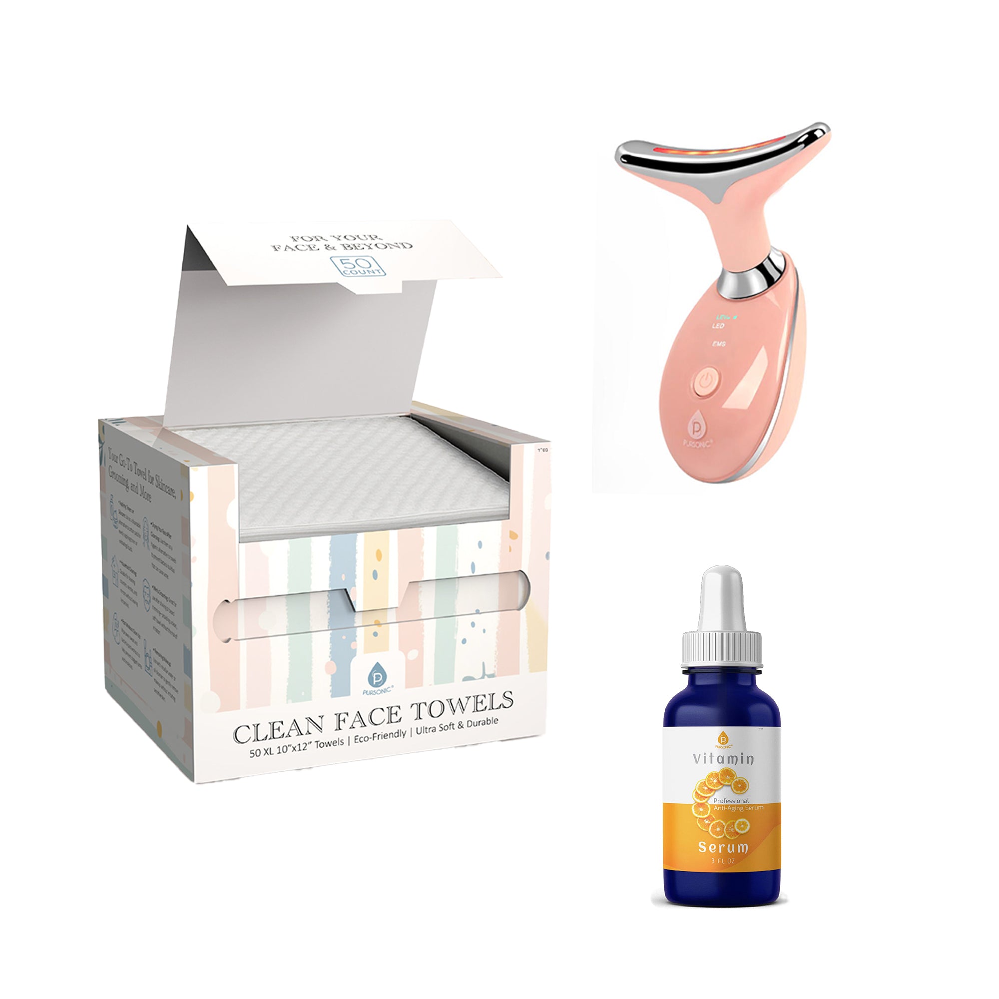 Pursonic Radiant Skin Essentials Bundle: 7-in-1 LED Light Therapy Device, Clean Facial Towels & Vitamin C Serum