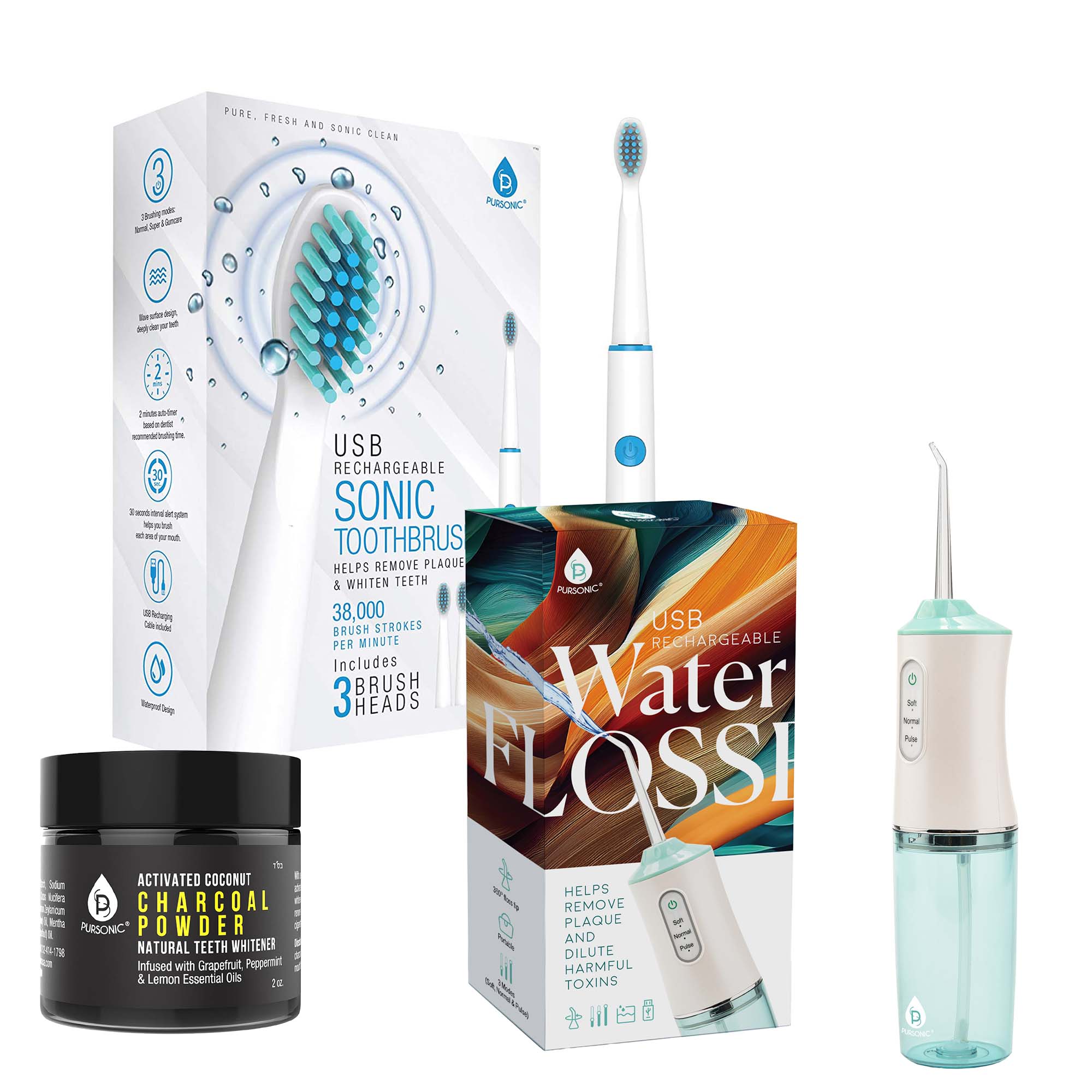 Pursonic Oral Care Power Bundle: USB Rechargeable Water Flosser, Electric Toothbrush, and Charcoal Teeth Whitener