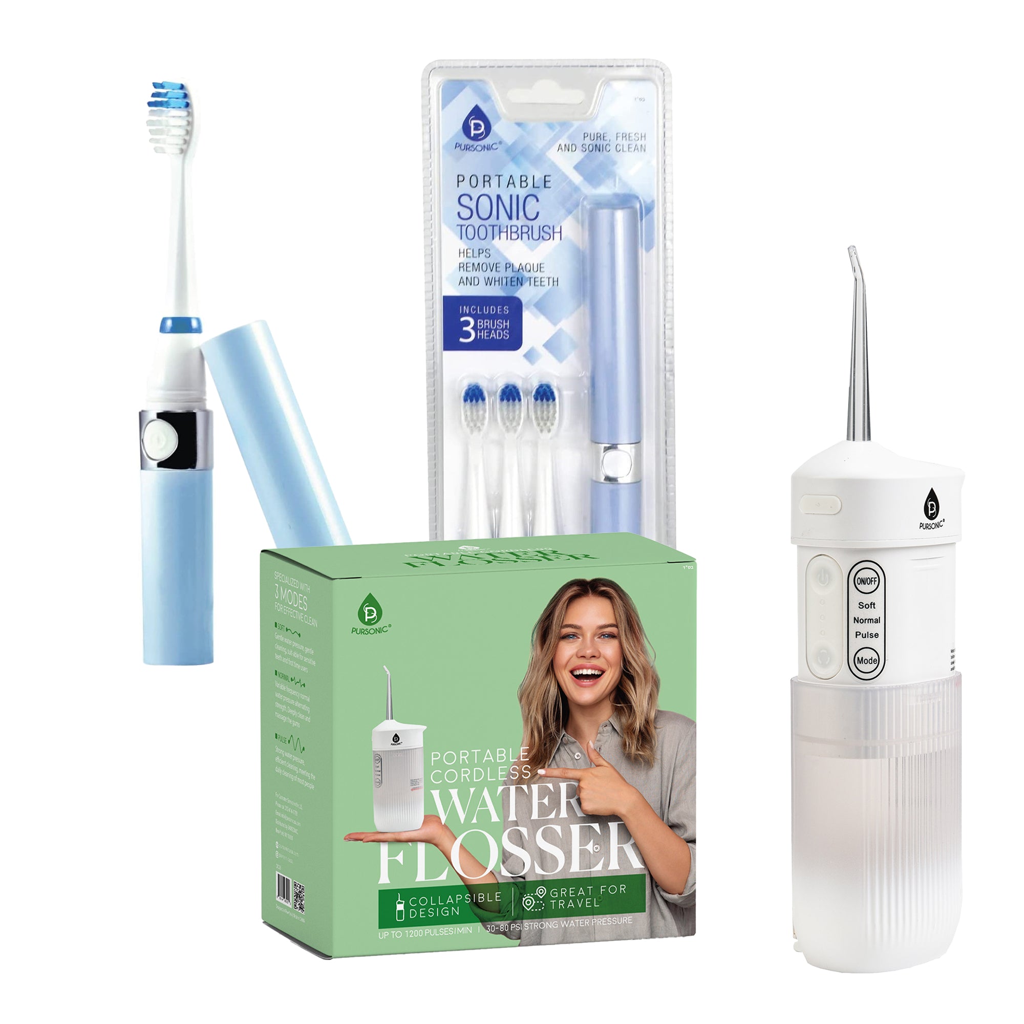 Compact Travel Oral Care Bundle: Portable USB Rechargeable Collapsible Water Flosser and Pursonic Portable Electric Toothbrush