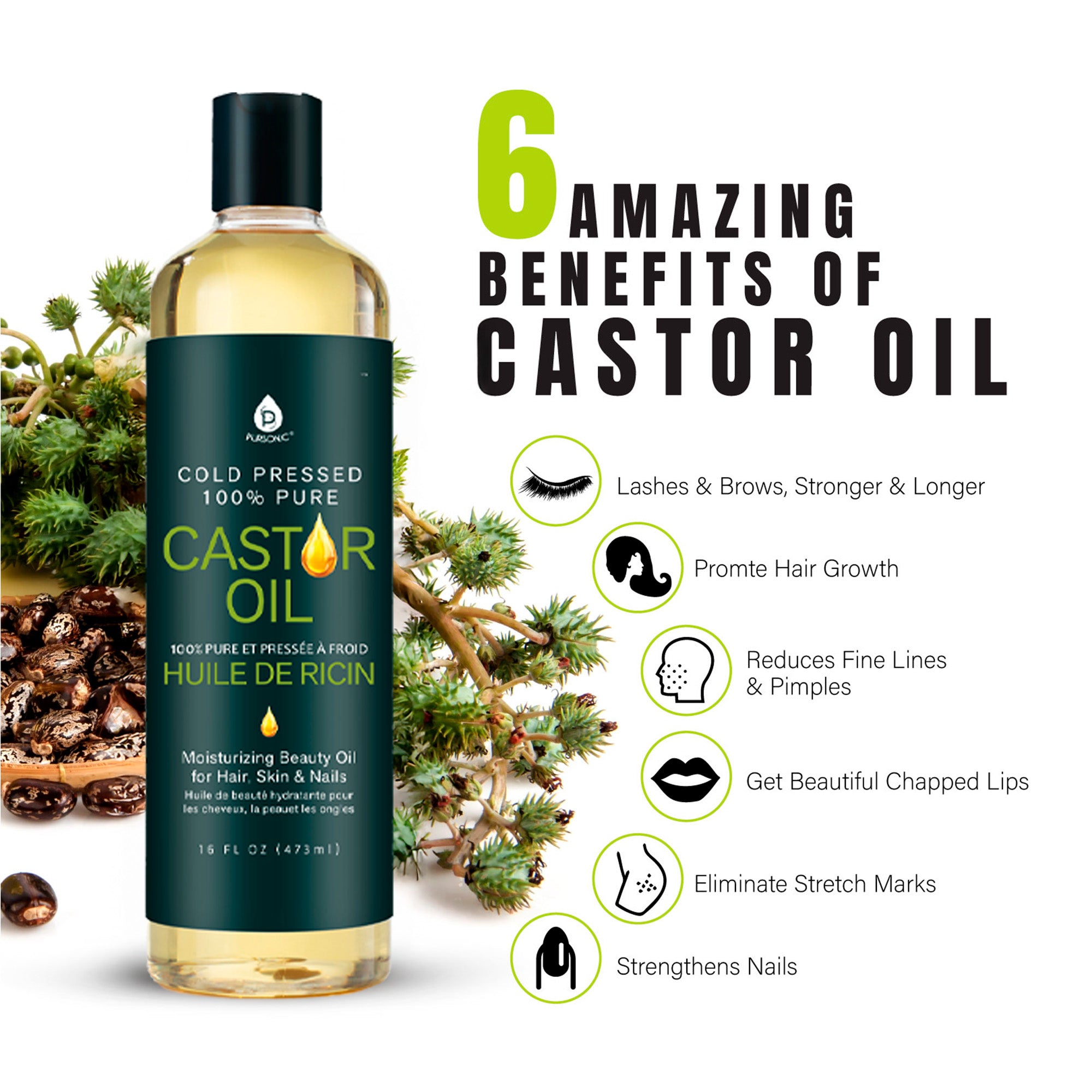 100% Pure Cold Pressed Castor Oil 16 Oz - Image 2