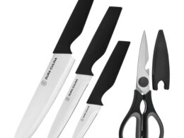 4-Piece Knife Set - High Carbon Stainless Steel Kitchen Knives with Ergonomic Handles, Matching Blade Guards, Multi-Purpose Shears