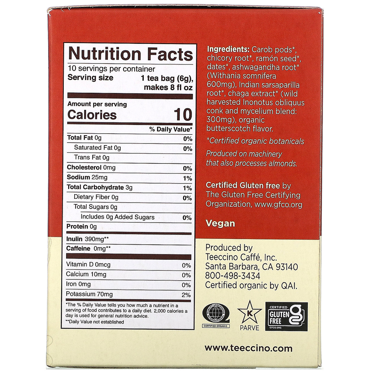 Teeccino Organic Chaga Ashwagandha Mushroom Herbal Tea 10 Tea Bags (Pack of 6 Boxes) - Image 2