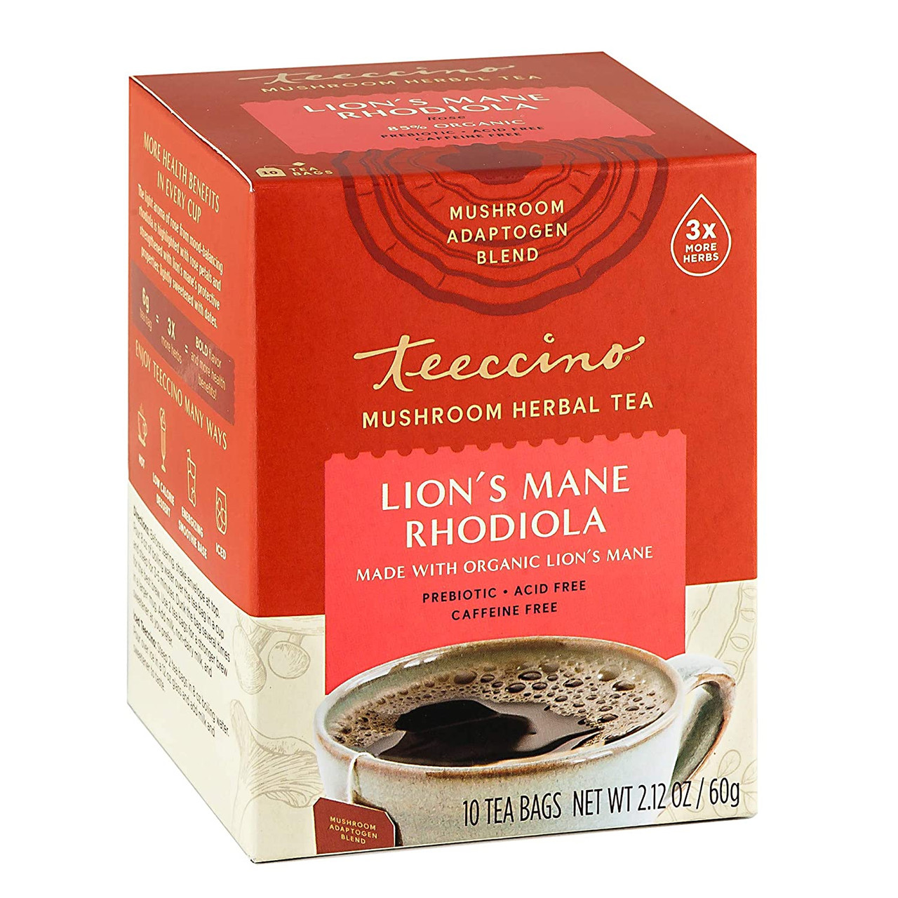 Teeccino Lion's Mane Rhodiola Mushroom Herbal Tea 10 Tea Bags (Pack of 6 Boxes)