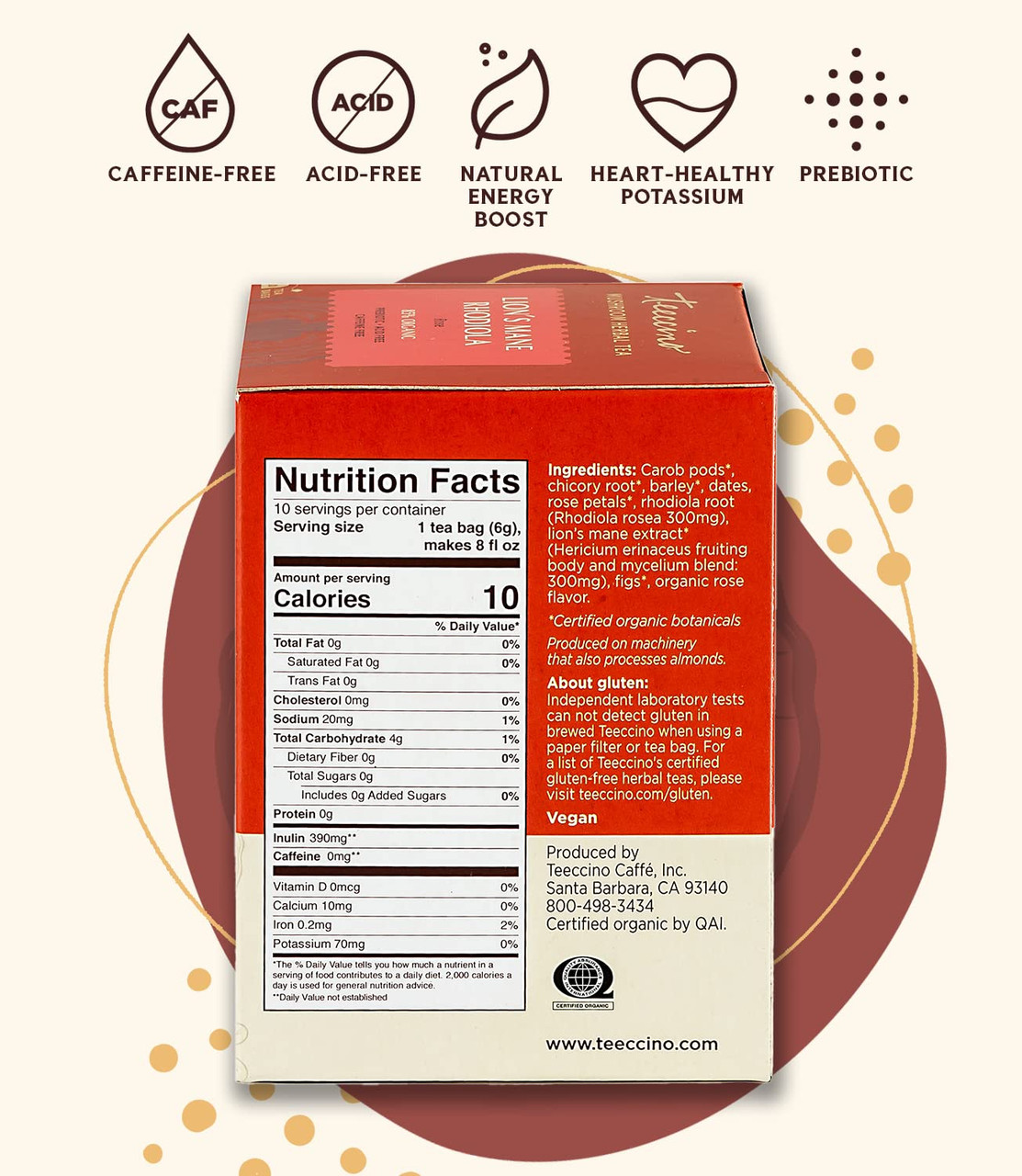 Teeccino Lion's Mane Rhodiola Mushroom Herbal Tea 10 Tea Bags (Pack of 6 Boxes) - Image 2