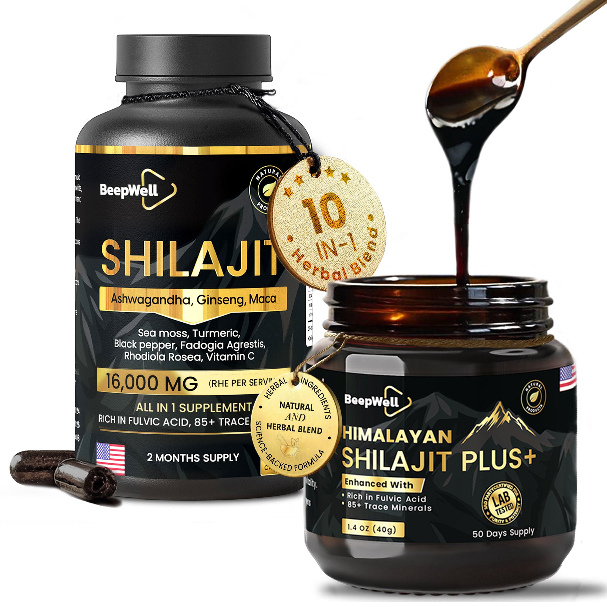 BeepWell Shilajit Resin & Capsules Bundle – Himalayan Resin with Fulvic Acid + 16,000mg Herbal Capsules – 50g Resin & 60 Vegan Capsules for Daily Vitality