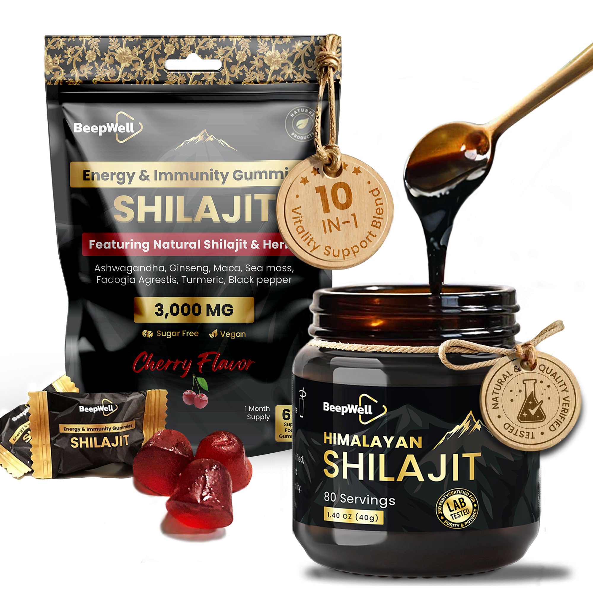 BeepWell Shilajit Combo – Resin (80 Servings) + Gummies with Ashwagandha (60 Ct) – Vegan, No Added Sugar