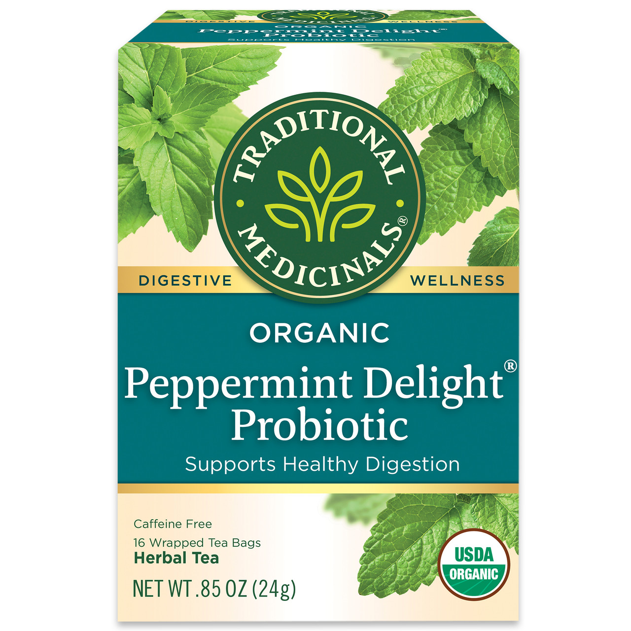 Traditional Medicinals Organic Peppermint Delight Probiotic Tea 16 Tea Bags (Pack of 6 Boxes)