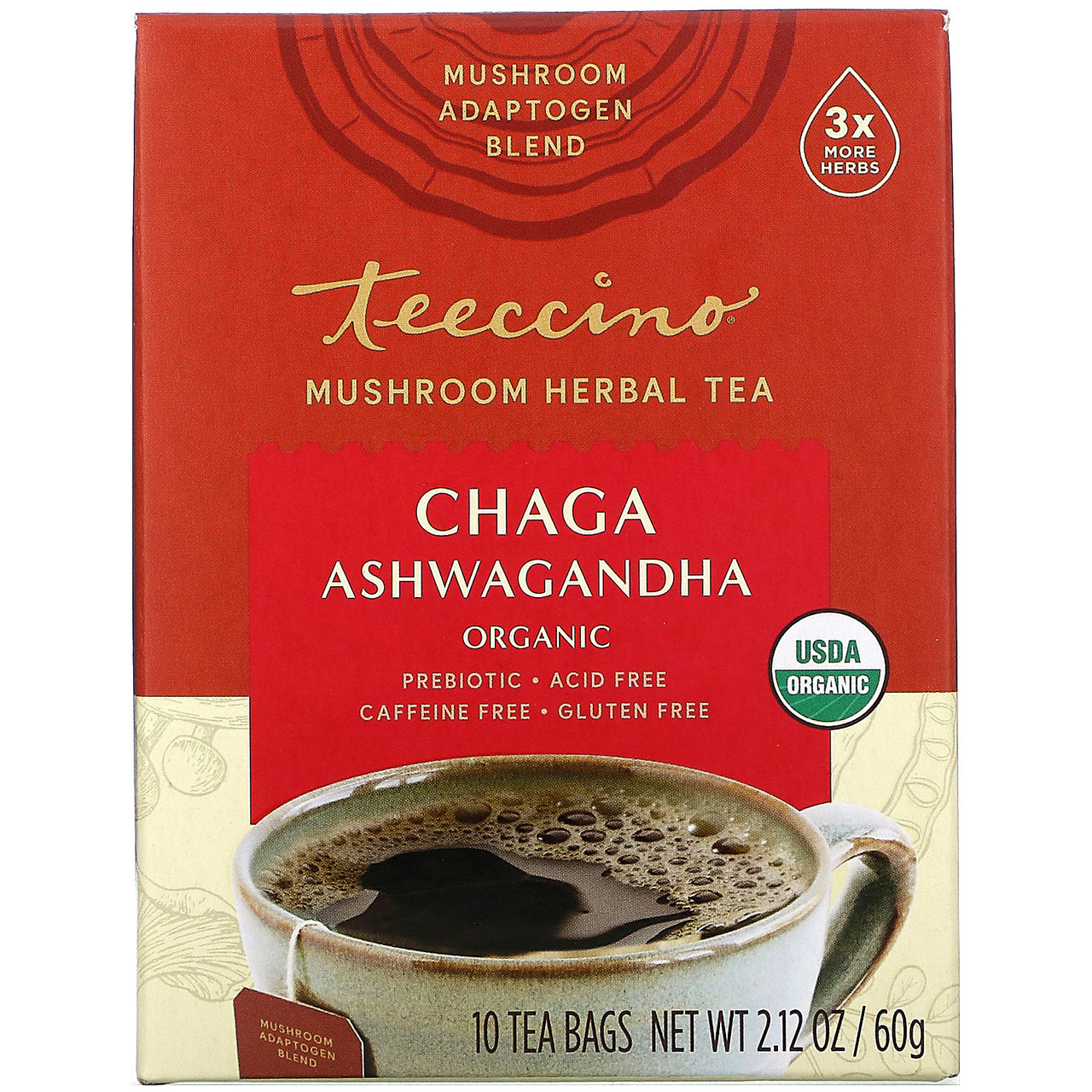 Teeccino Organic Chaga Ashwagandha Mushroom Herbal Tea 10 Tea Bags (Pack of 6 Boxes)