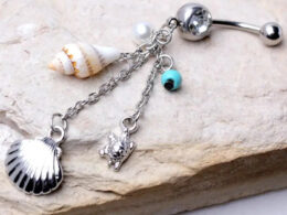 Beach Charms Dangle Belly Ring | Seashell, Turtle & Bead | 316L Surgical Steel