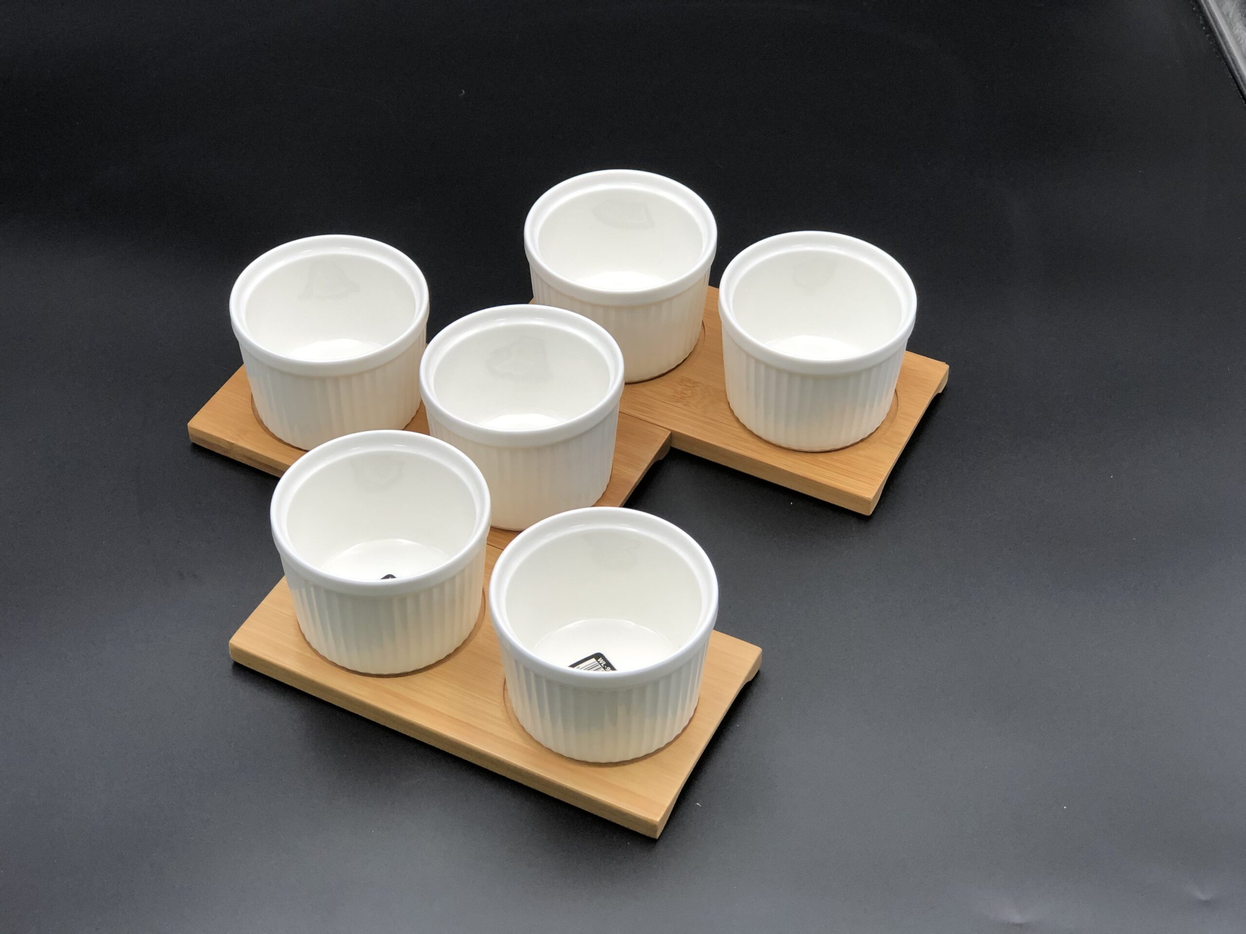 A Set Of 3 Bamboo Double Trays With 6 Fine Porcealin Ramekins To Match - Image 5