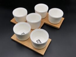 A Set Of 3 Bamboo Double Trays With 6 Fine Porcealin Ramekins To Match