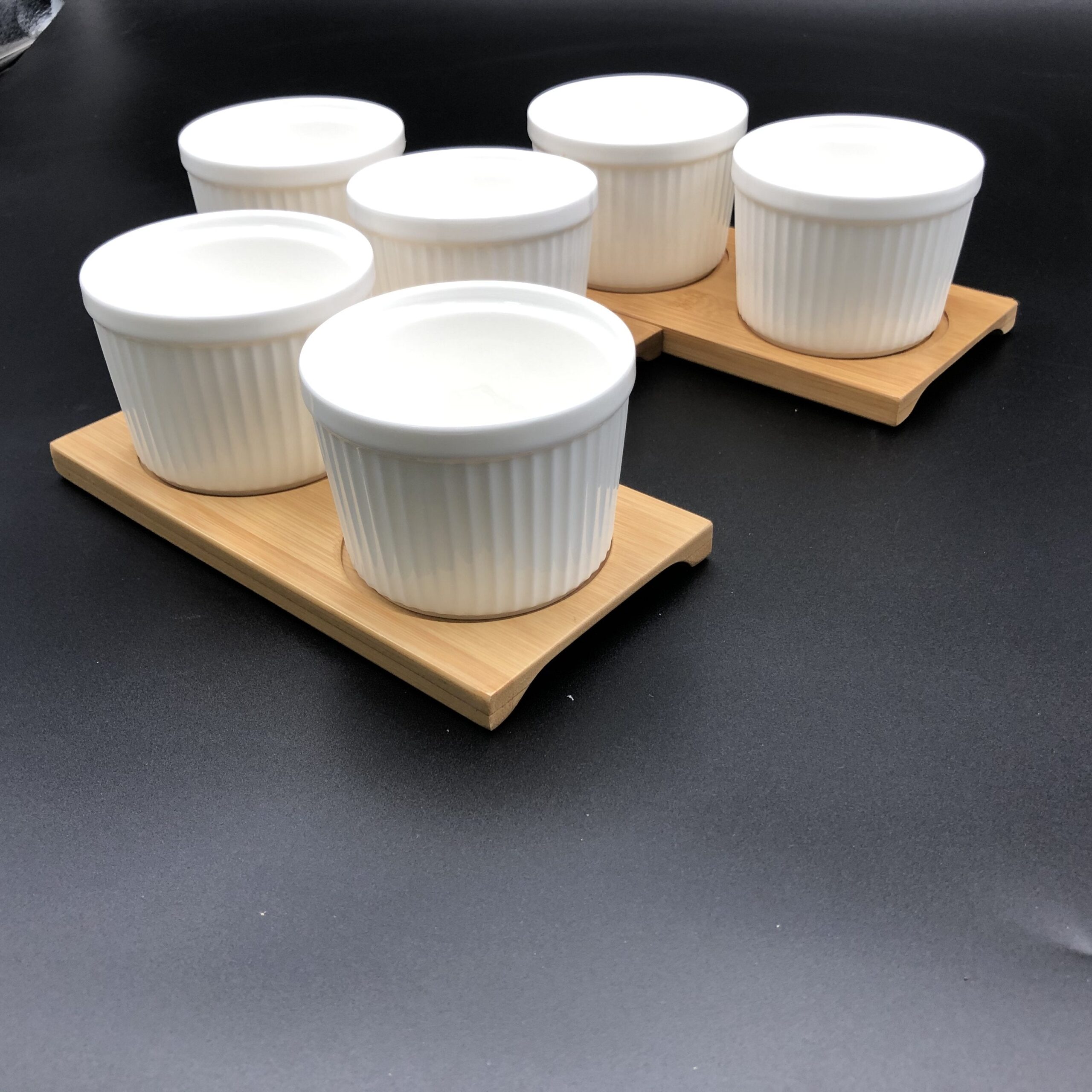 A Set Of 3 Bamboo Double Trays With 6 Fine Porcealin Ramekins To Match - Image 2