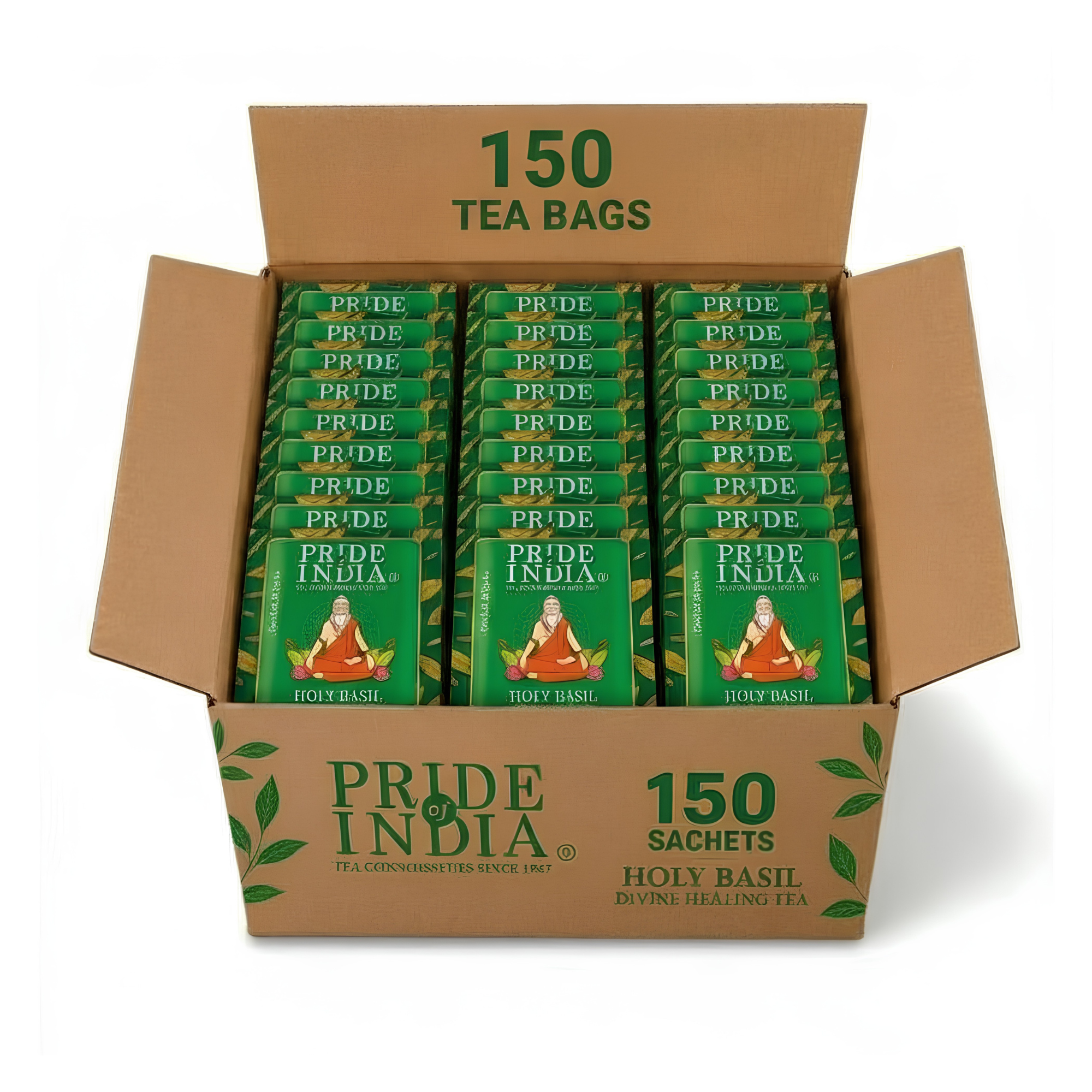 Pride of India Holy Basil Herbal Tea - 150 Individually Wrapped Full Leaf Pyramid Tea Bags | Tulsi Tea Bulk Pack for Food Service, Cafes, Hotels, Offices & Daily Tea Drinkers