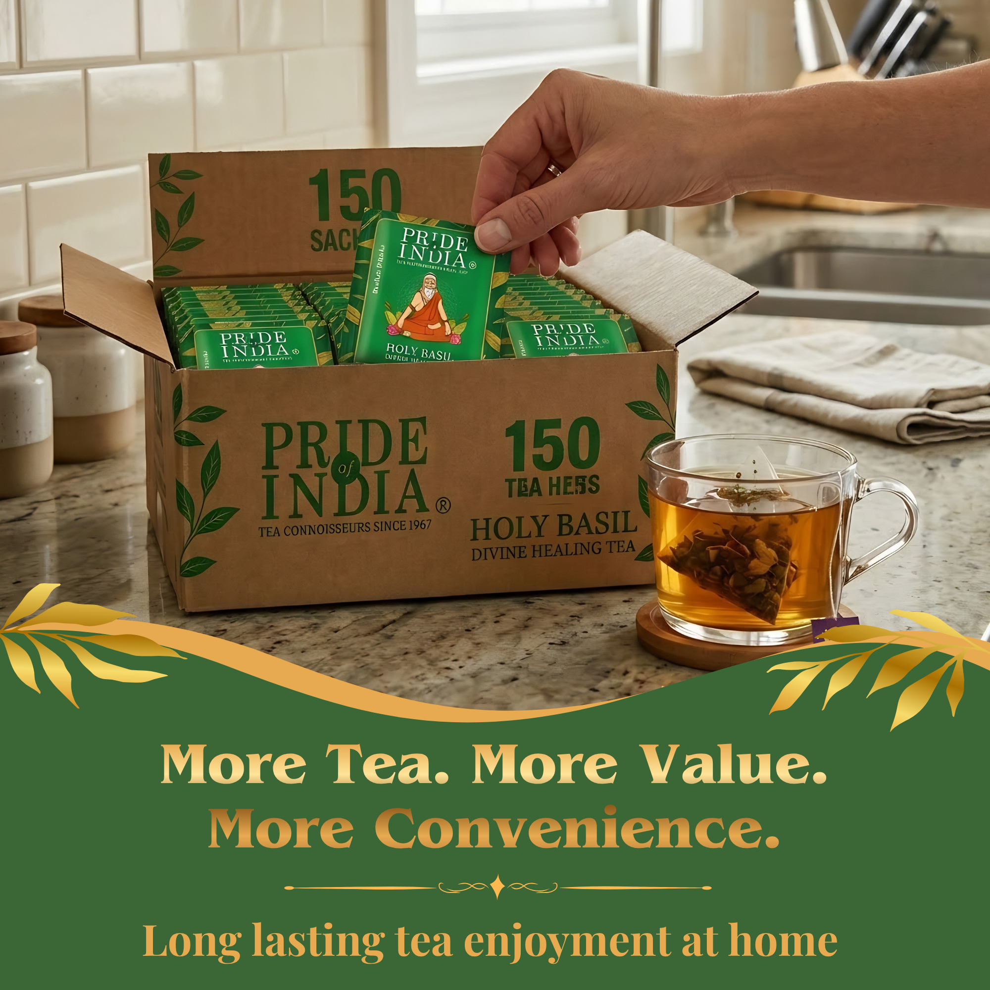 Pride of India Holy Basil Herbal Tea - 150 Individually Wrapped Full Leaf Pyramid Tea Bags | Tulsi Tea Bulk Pack for Food Service, Cafes, Hotels, Offices & Daily Tea Drinkers - Image 3