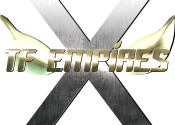 TF Empires White "X" and Gold Wings with Gold word mark "TF EMPIRES" on black background Logo