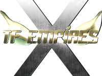 TF Empires White "X" and Gold Wings with Gold word mark "TF EMPIRES" on black background Logo